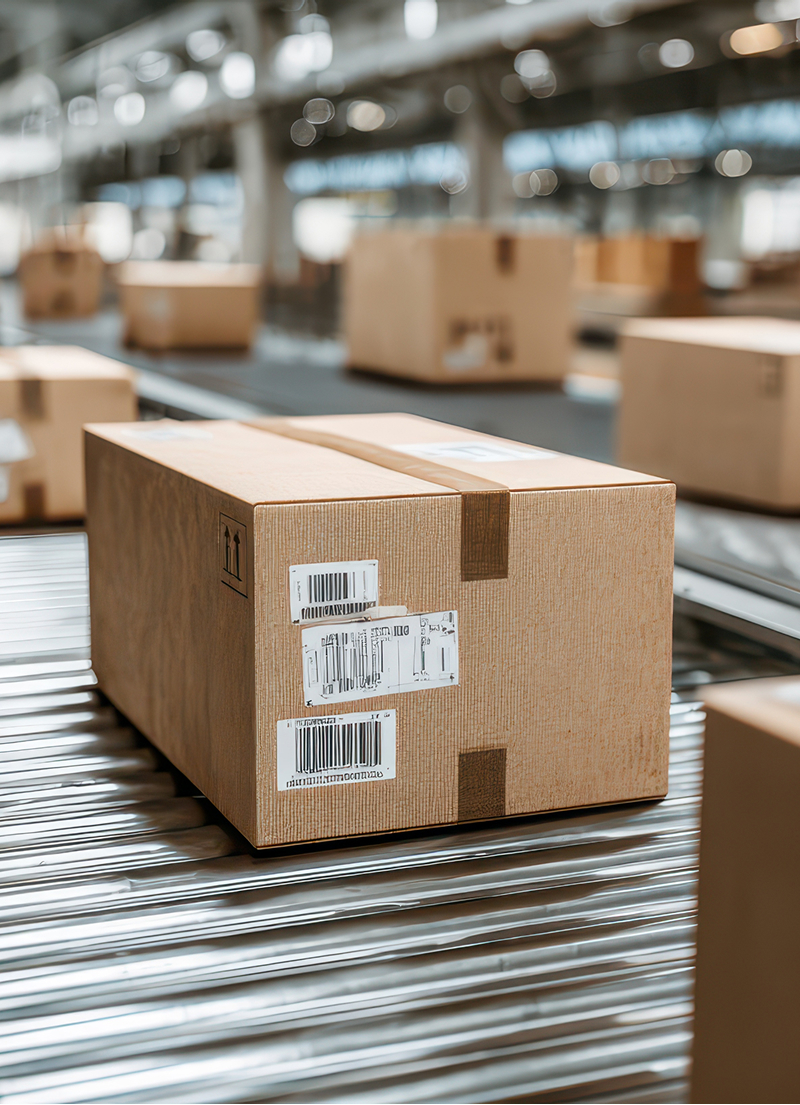 Paket im scharfen Fokus auf Transportweg in einer Logisthalle