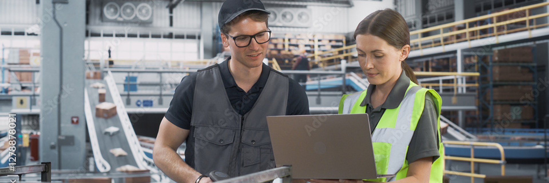 Zwei Mitarbeitende prüfen mit einem Laptop Daten in einer modernen Logistik- und Produktionshalle.