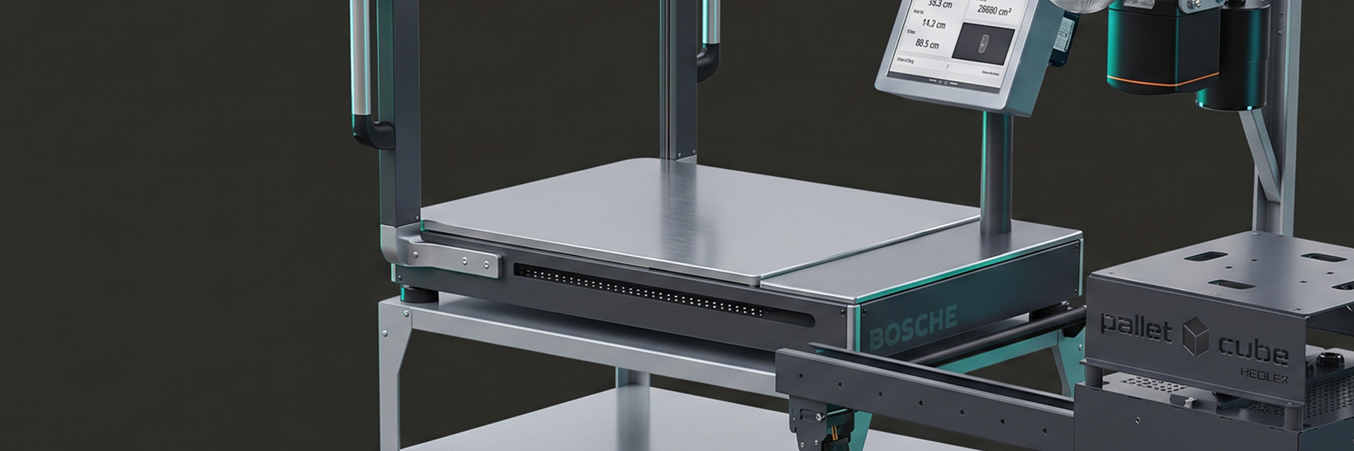 Industrieller Wiegetisch mit Display und Pallet-Cube-System zur Paketvermessung