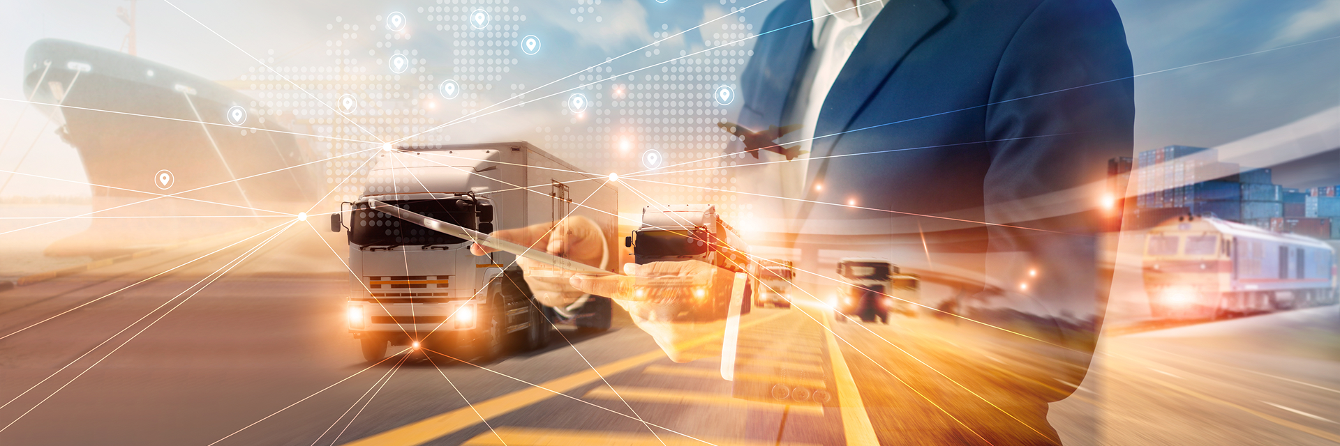 Vernetzte Logistik mit Lkw, Flugzeug, Bahn und digitaler Standortverfolgung im internationalen Transportnetzwerk