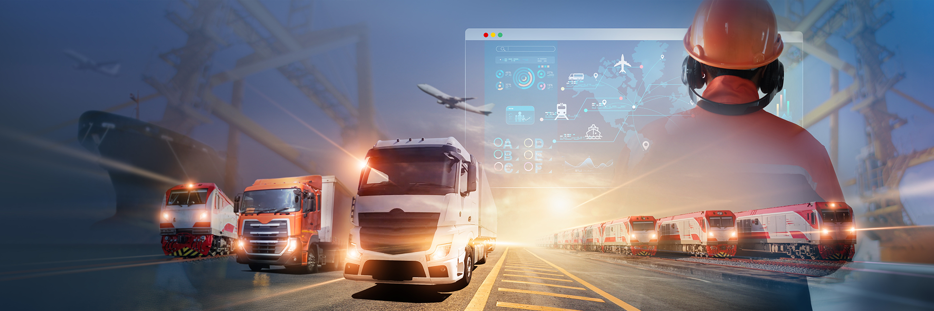 Vernetzte Logistik mit Lkw, Flugzeug, Bahn und digitaler Standortverfolgung im internationalen Transportnetzwerk